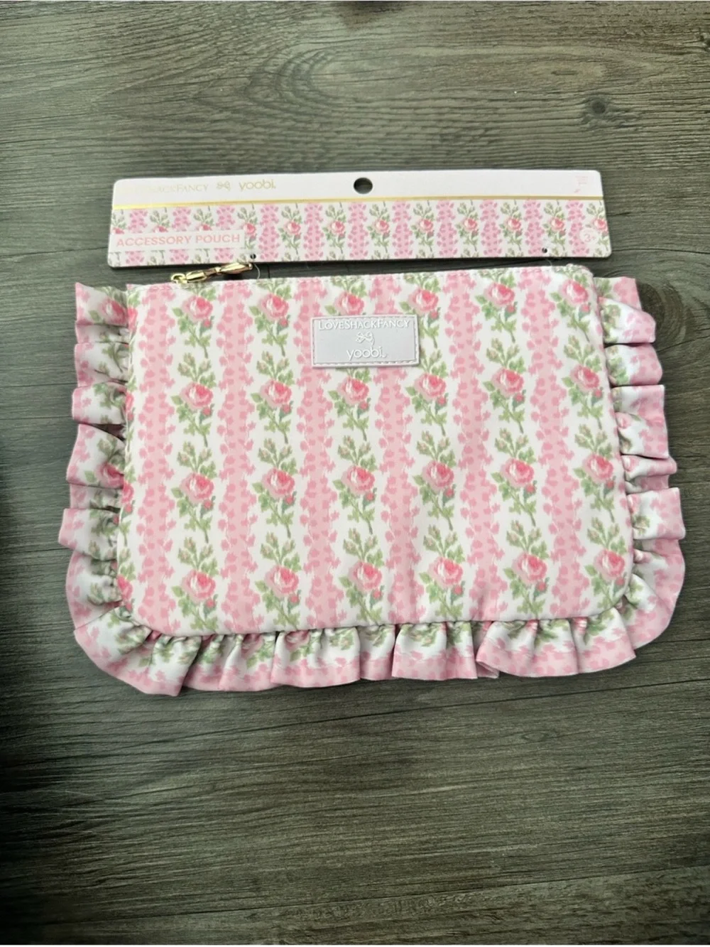 LoveShackFancy X Yoobi Pink Rose Print Ruffle Pouch